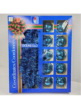 Vintage Doubl Glo Blue Glass Christmas Ornaments Garland Set 10 Balls 20’ x 3”